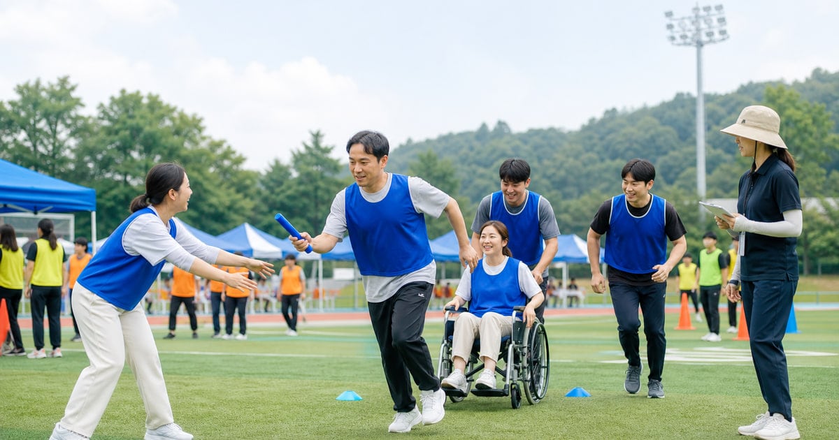 다양한 참가자가 함께 릴레이에 참여하는 체육대회 장면